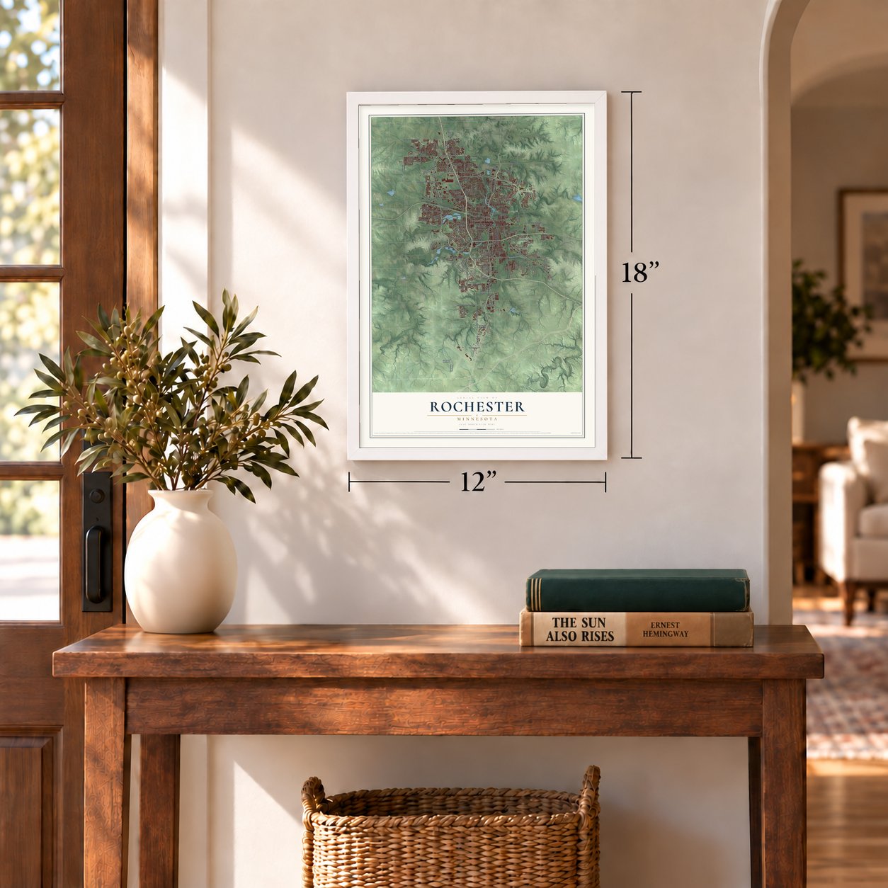 Rochester, Minnesota map, 12 x 18 inch print in a white frame in an entryway