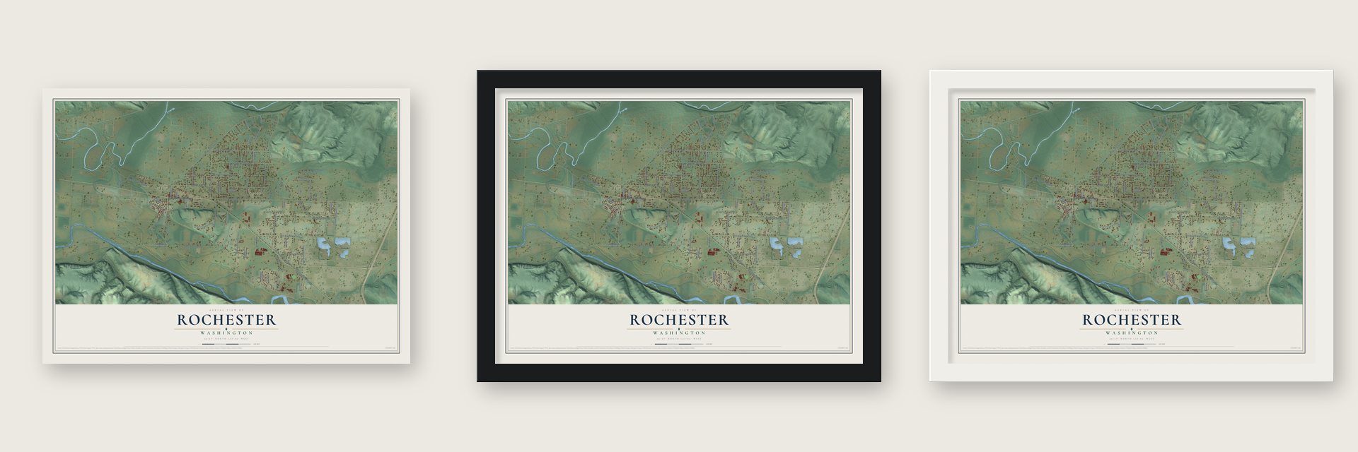 Rochester, Washington map unframed, in a black wood frame and in a white wood frame