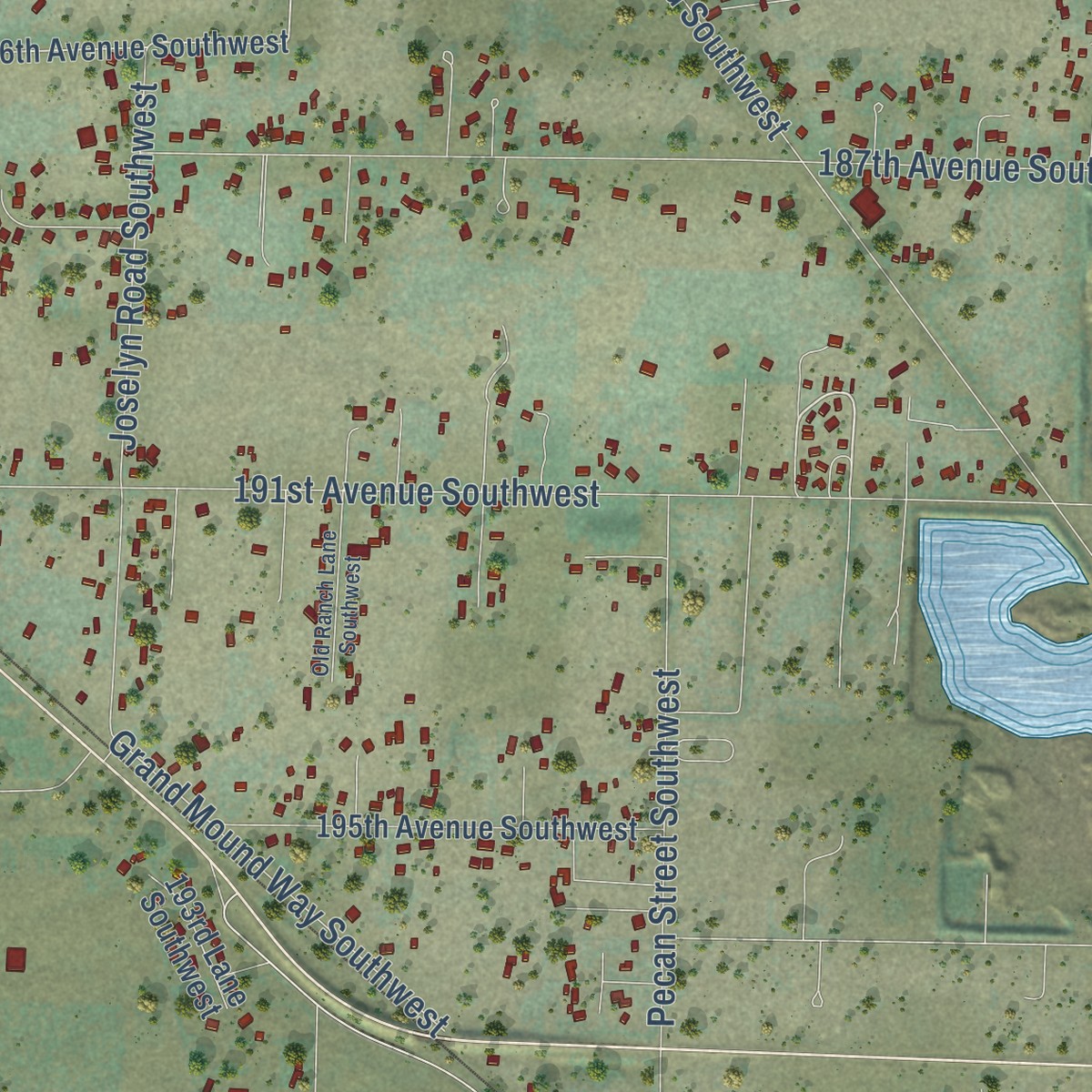 Second close-up of the map of Rochester, Washington print showing more streets and buildings