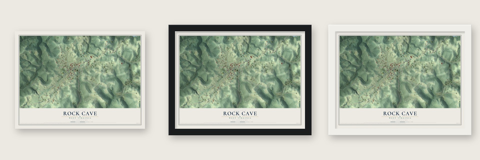 Rock Cave, West Virginia map unframed, in a black wood frame and in a white wood frame