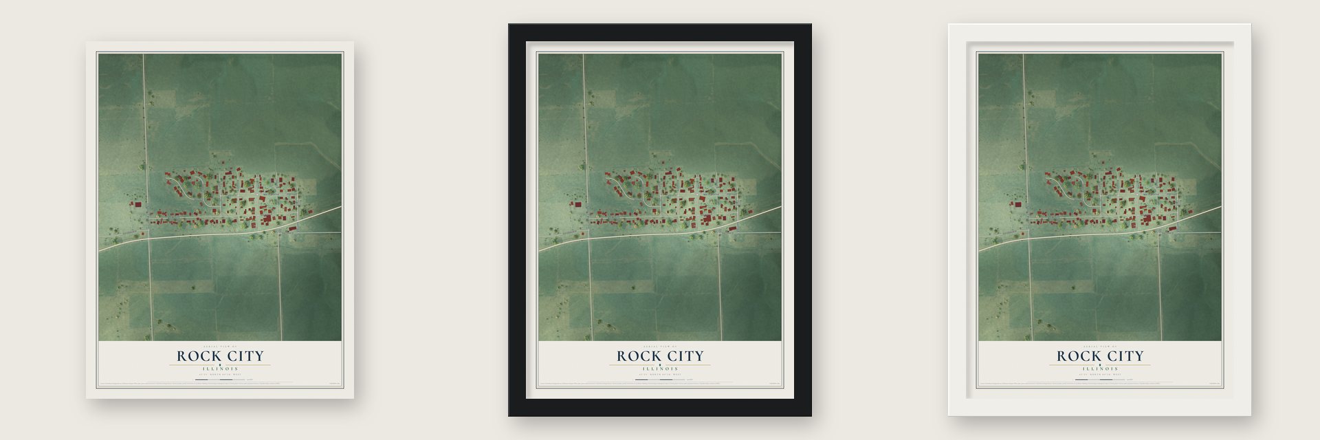 Rock City, Illinois map unframed, in a black wood frame and in a white wood frame