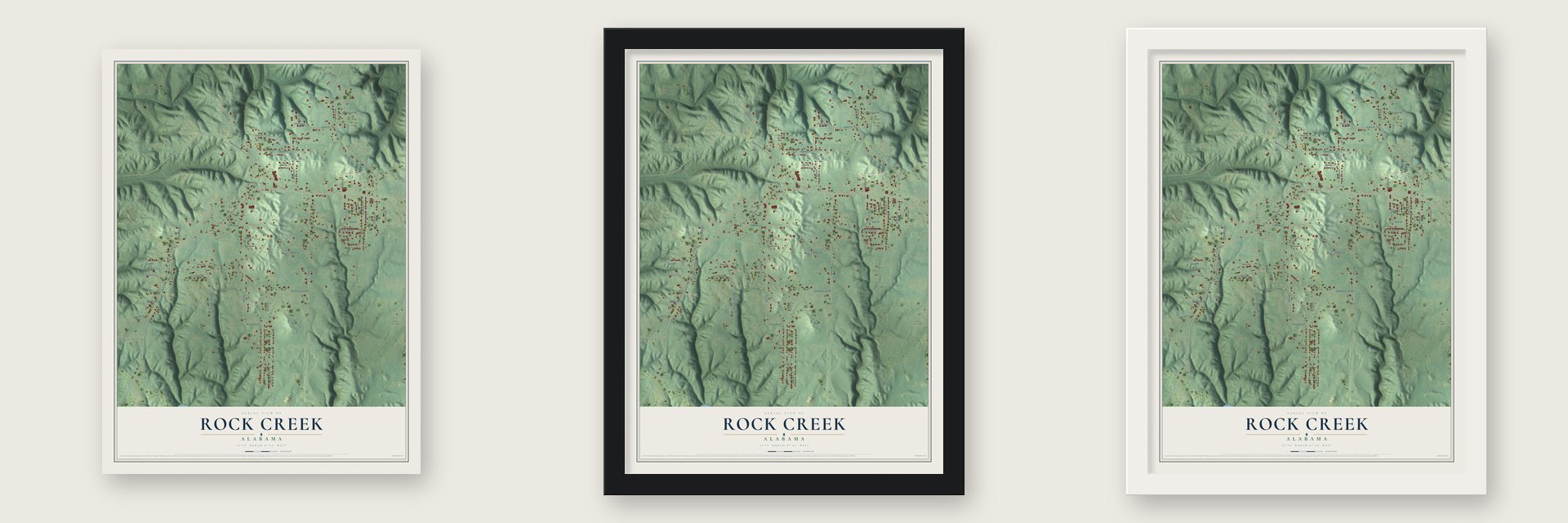 Rock Creek, Alabama map unframed, in a black wood frame and in a white wood frame