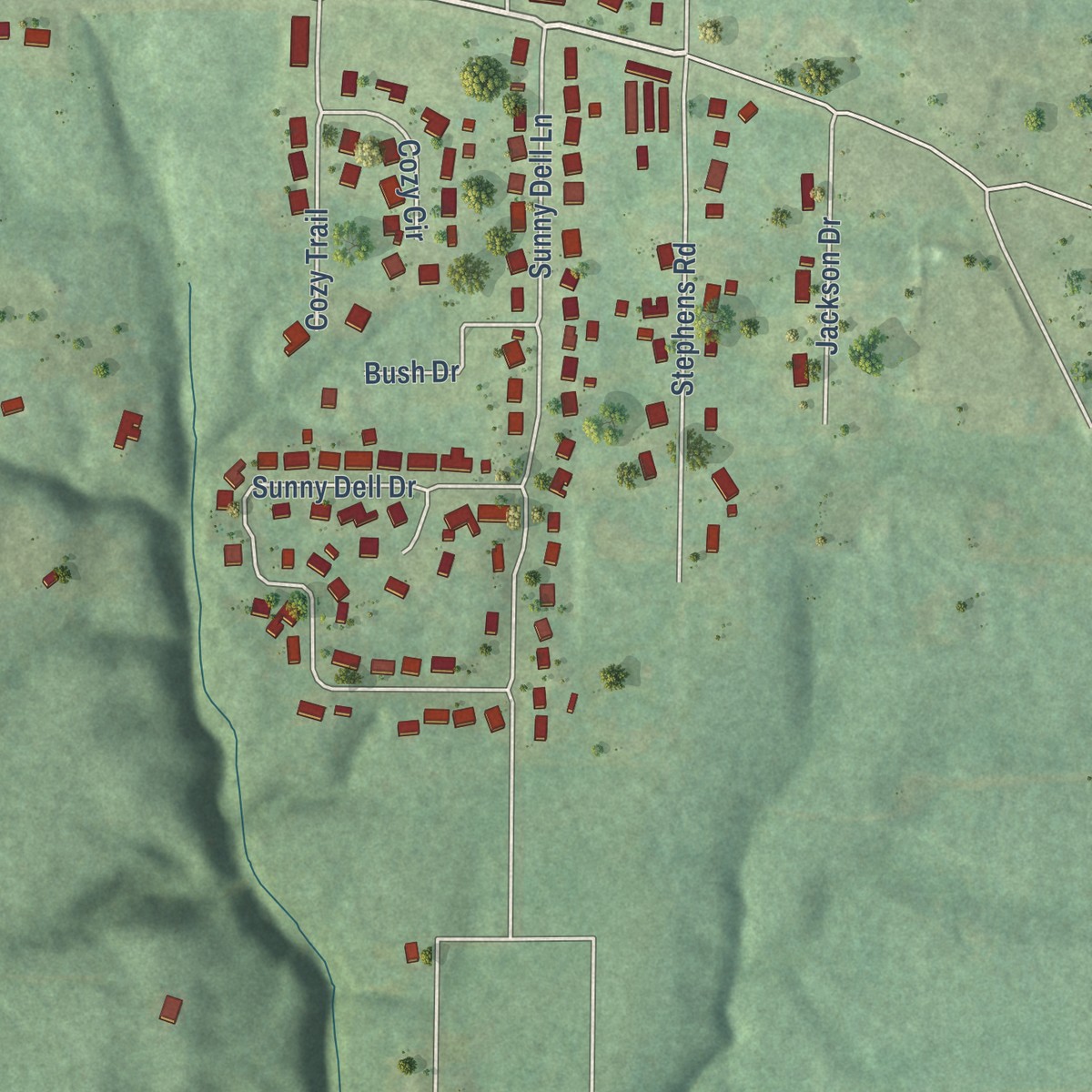 Second close-up of the map of Rock Creek, Alabama print showing more streets and buildings