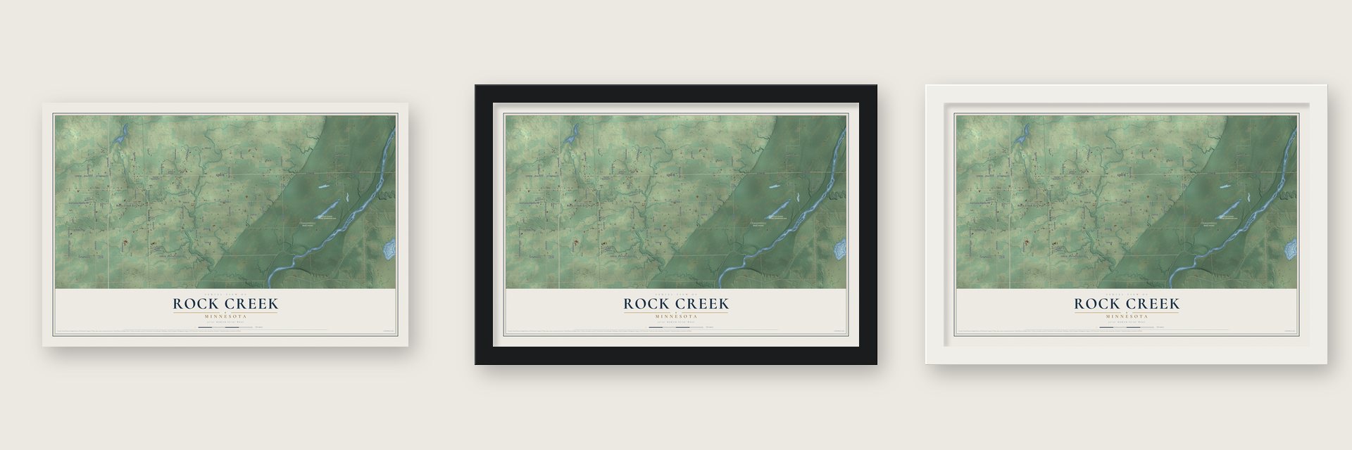 Rock Creek, Minnesota map unframed, in a black wood frame and in a white wood frame