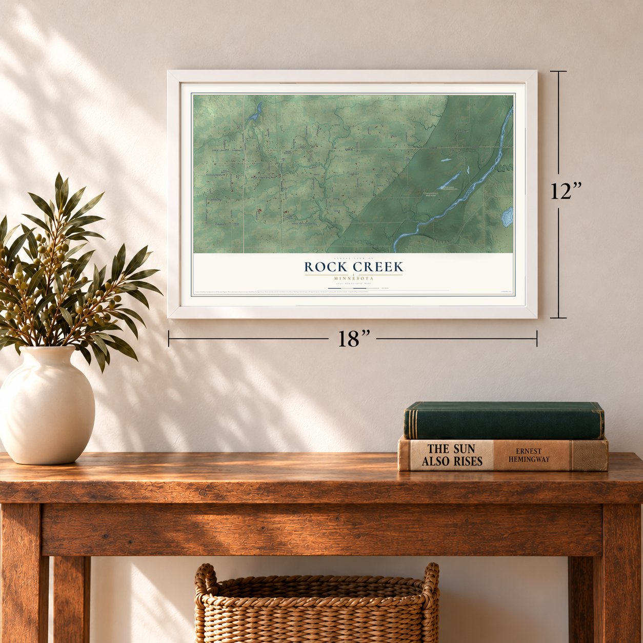 Rock Creek, Minnesota map, 12 x 18 inch print in a white frame in an entryway
