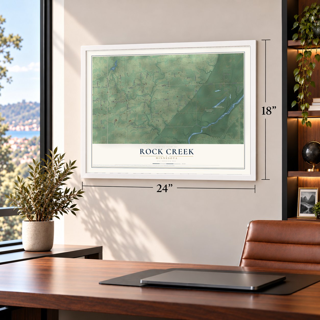Rock Creek, Minnesota map, 18 x 24 inch print in a white frame in a home office