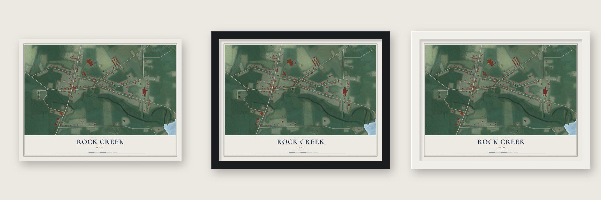 Rock Creek, Ohio map unframed, in a black wood frame and in a white wood frame