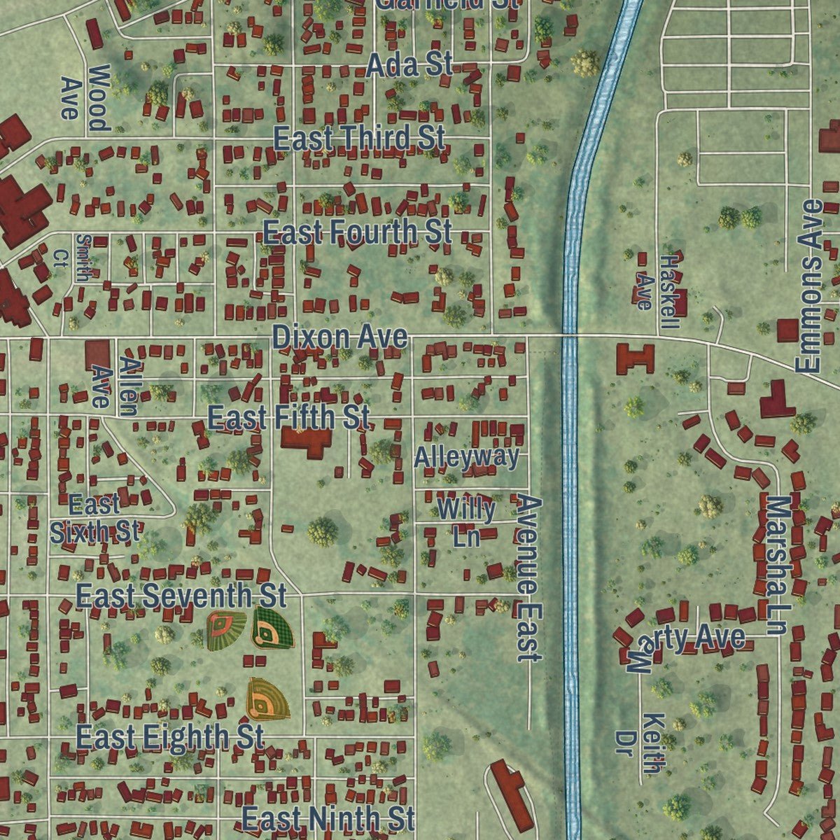 Second close-up of the map of Rock Falls, Illinois print showing more streets and buildings