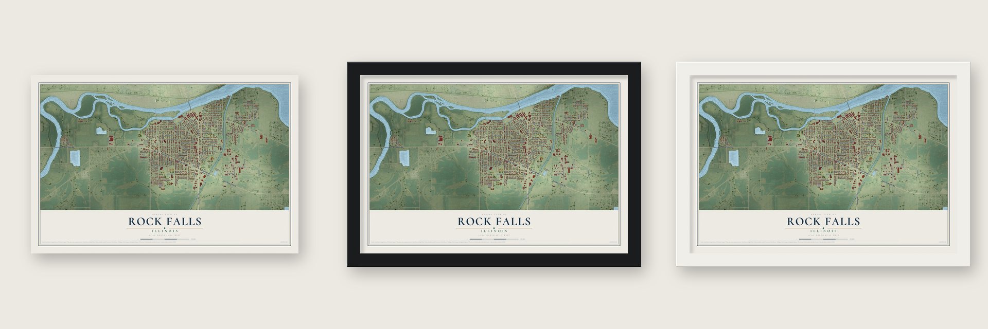 Rock Falls, Illinois map unframed, in a black wood frame and in a white wood frame