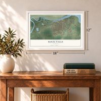 Rock Falls, Illinois map, 12 x 18 inch print in a white frame in an entryway