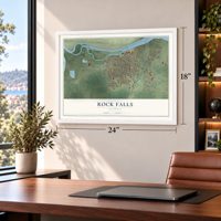 Rock Falls, Illinois map, 18 x 24 inch print in a white frame in a home office