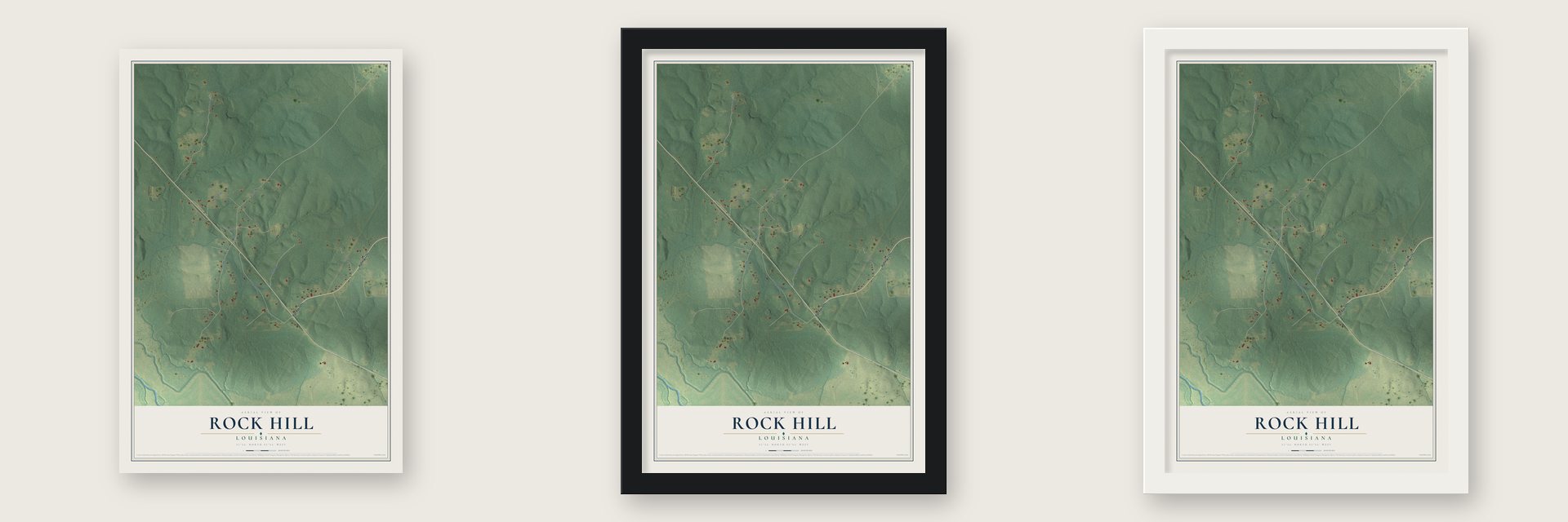 Rock Hill, Louisiana map unframed, in a black wood frame and in a white wood frame