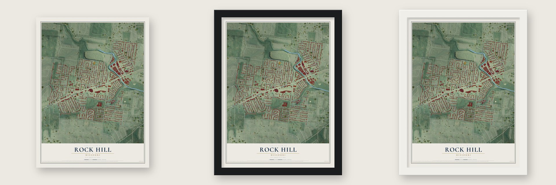 Rock Hill, Missouri map unframed, in a black wood frame and in a white wood frame