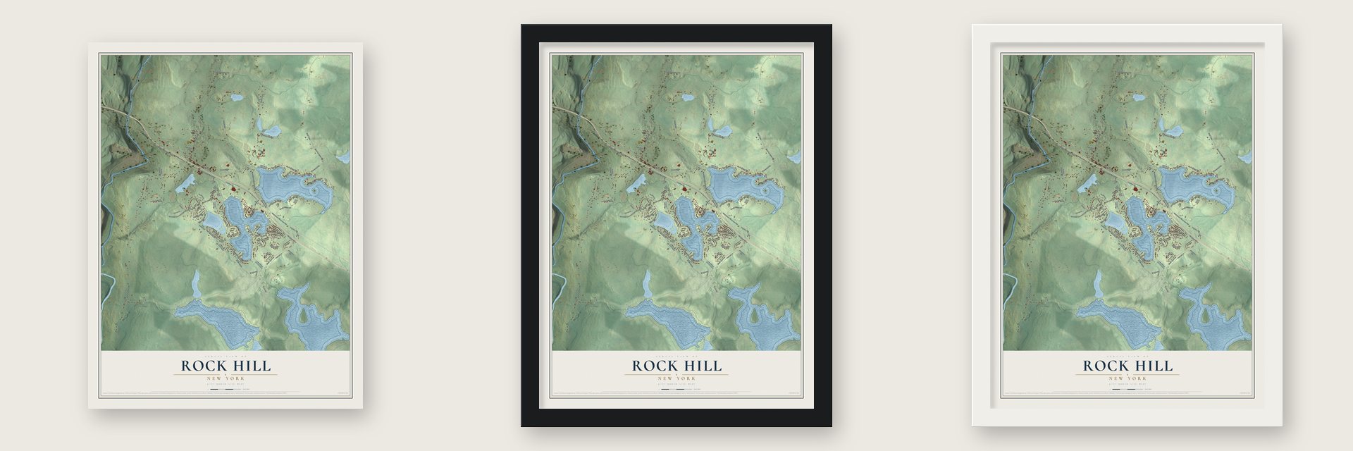 Rock Hill, New York map unframed, in a black wood frame and in a white wood frame