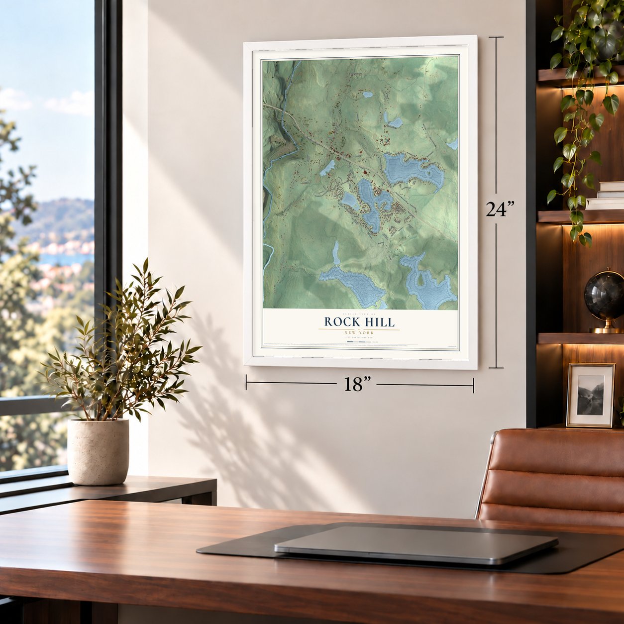 Rock Hill, New York map, 18 x 24 inch print in a white frame in a home office