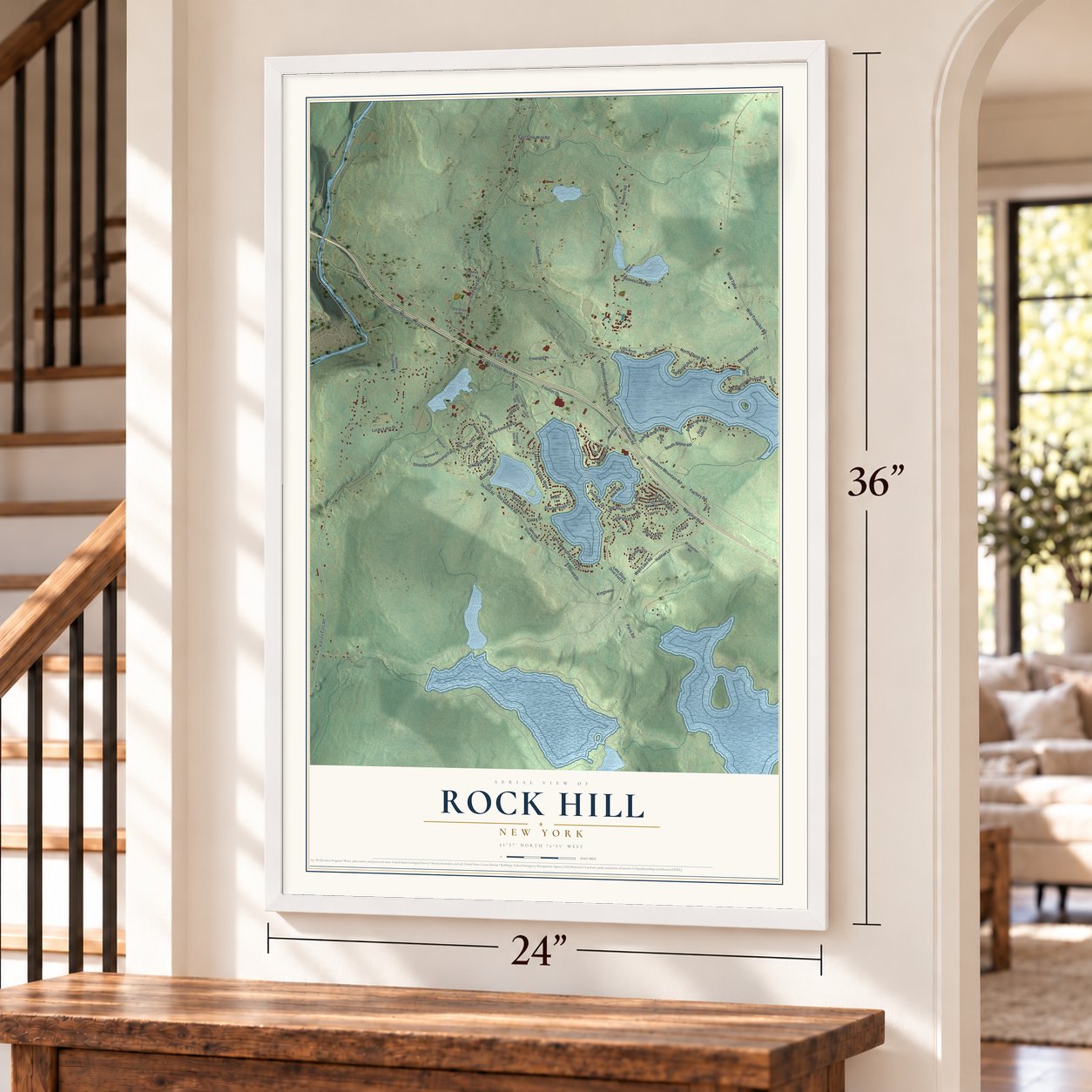 Rock Hill, New York map, 24 x 36 inch print in a white frame by a staircase