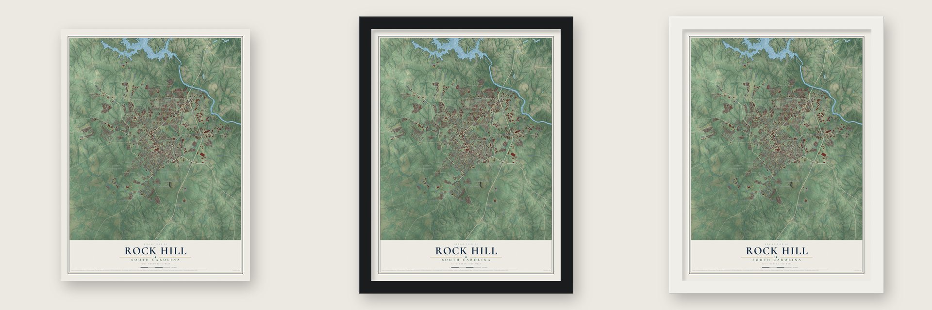 Rock Hill, South Carolina map unframed, in a black wood frame and in a white wood frame