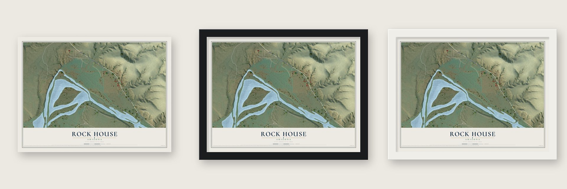 Rock House, Arizona map unframed, in a black wood frame and in a white wood frame