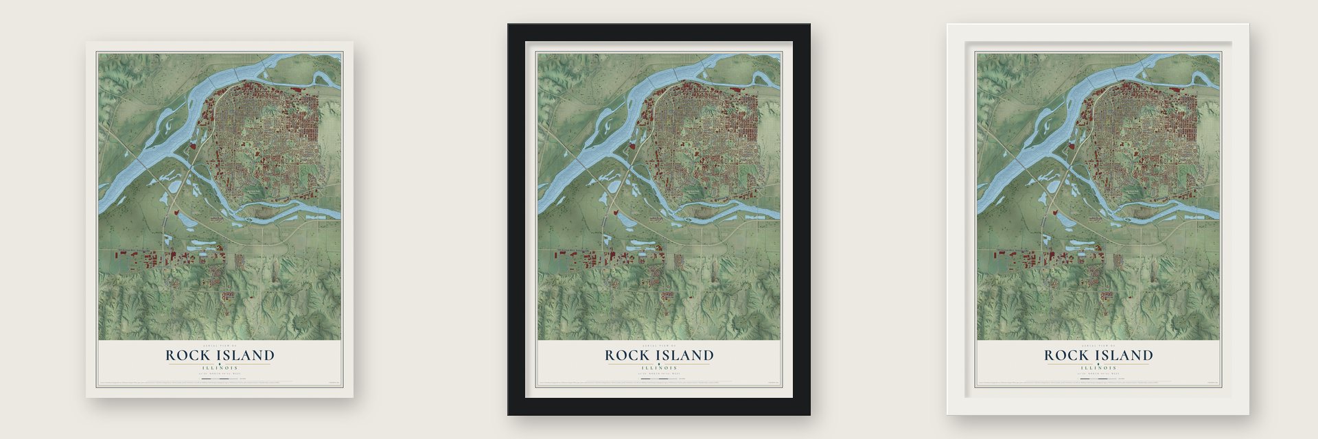 Rock Island, Illinois map unframed, in a black wood frame and in a white wood frame