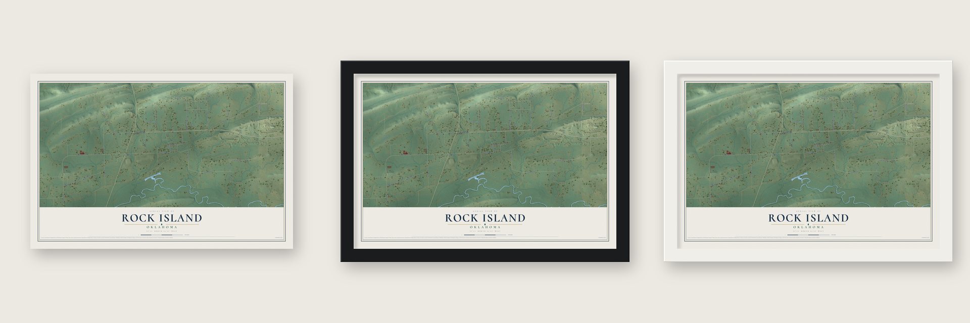 Rock Island, Oklahoma map unframed, in a black wood frame and in a white wood frame