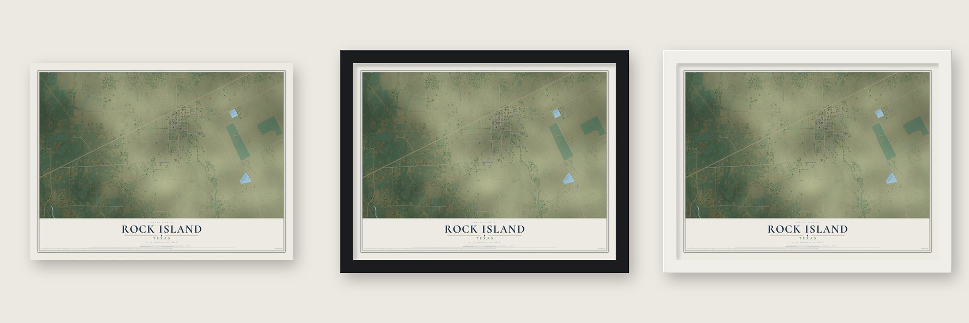 Rock Island, Texas map unframed, in a black wood frame and in a white wood frame