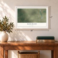 Rock Island, Texas map, 12 x 18 inch print in a white frame in an entryway