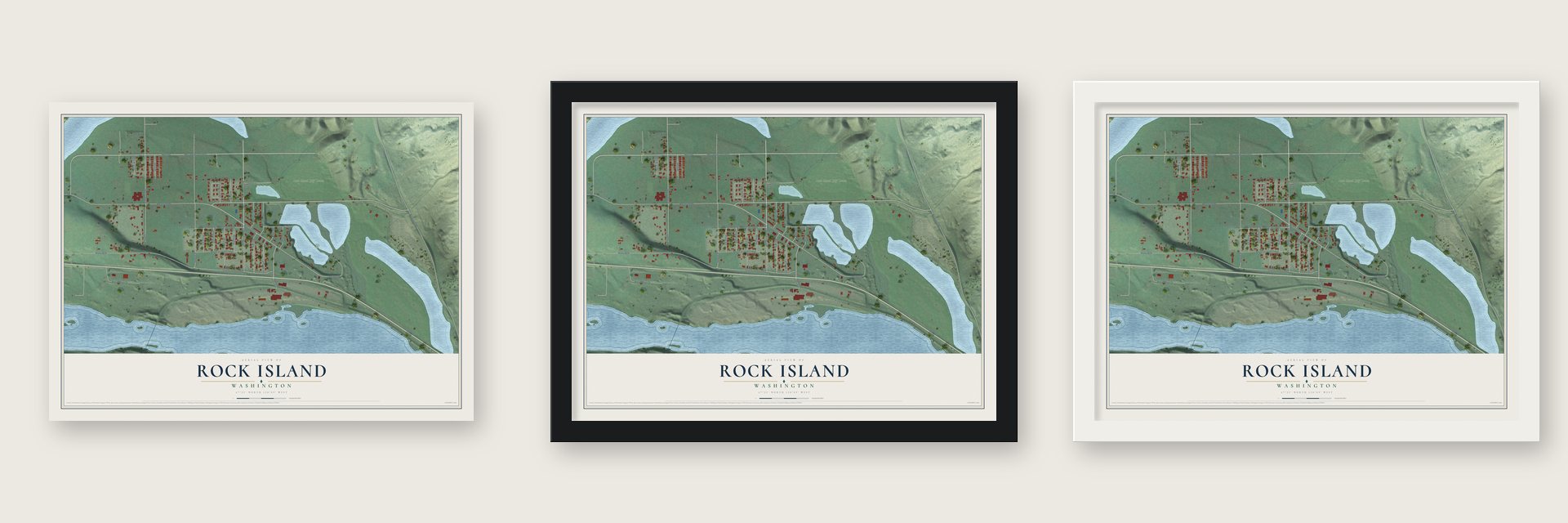 Rock Island, Washington map unframed, in a black wood frame and in a white wood frame