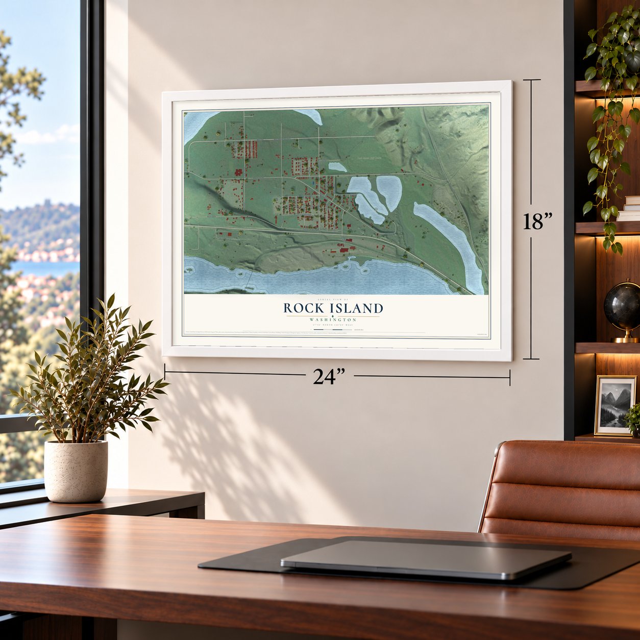 Rock Island, Washington map, 18 x 24 inch print in a white frame in a home office