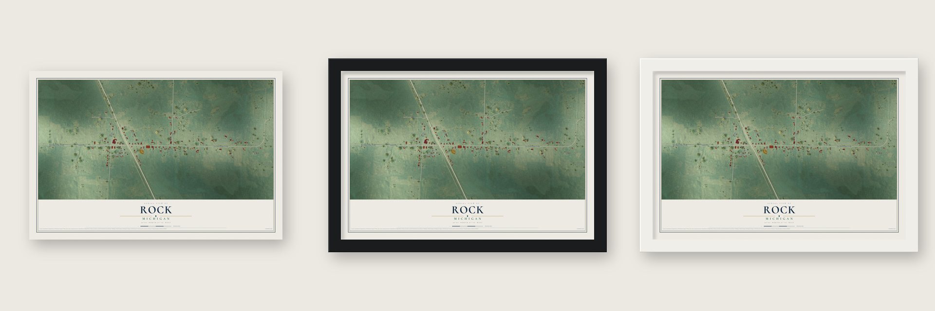 Rock, Michigan map unframed, in a black wood frame and in a white wood frame