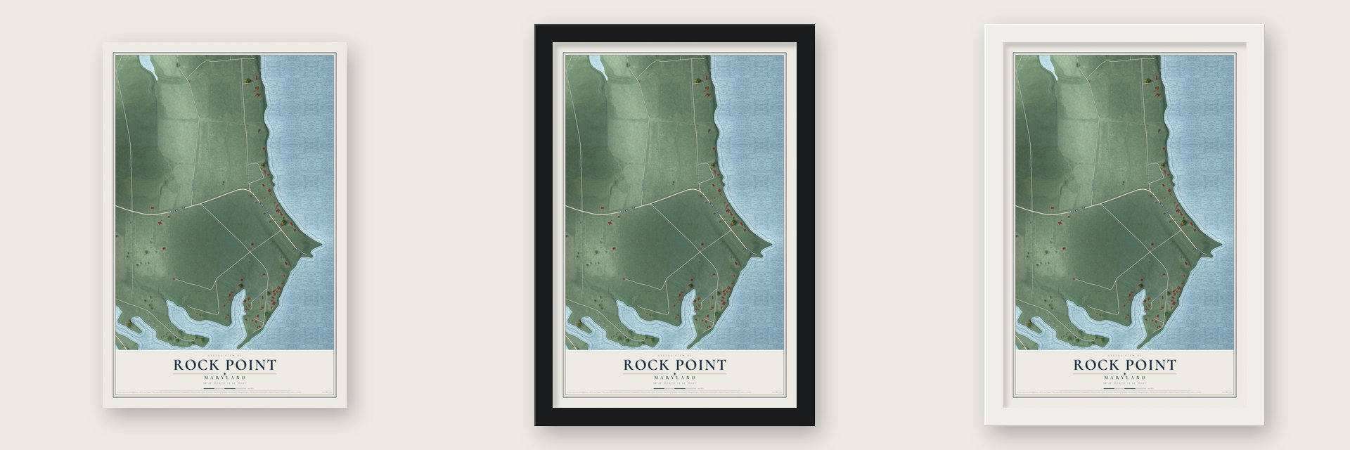 Rock Point, Maryland map unframed, in a black wood frame and in a white wood frame
