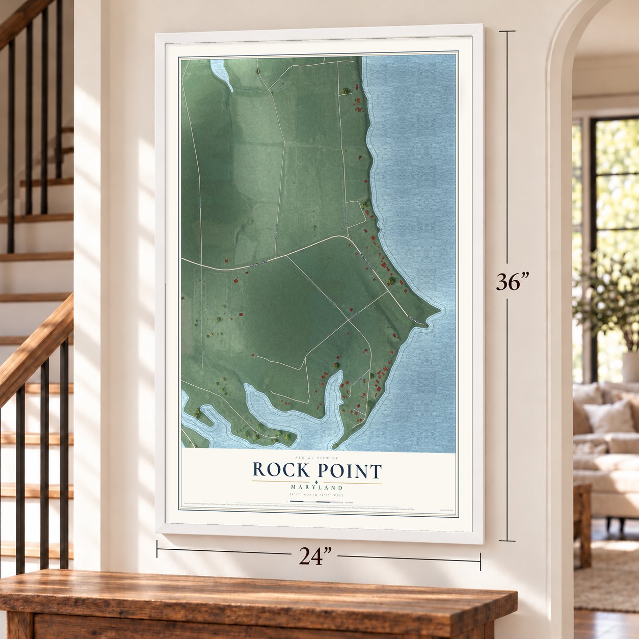 Rock Point, Maryland map, 24 x 36 inch print in a white frame by a staircase
