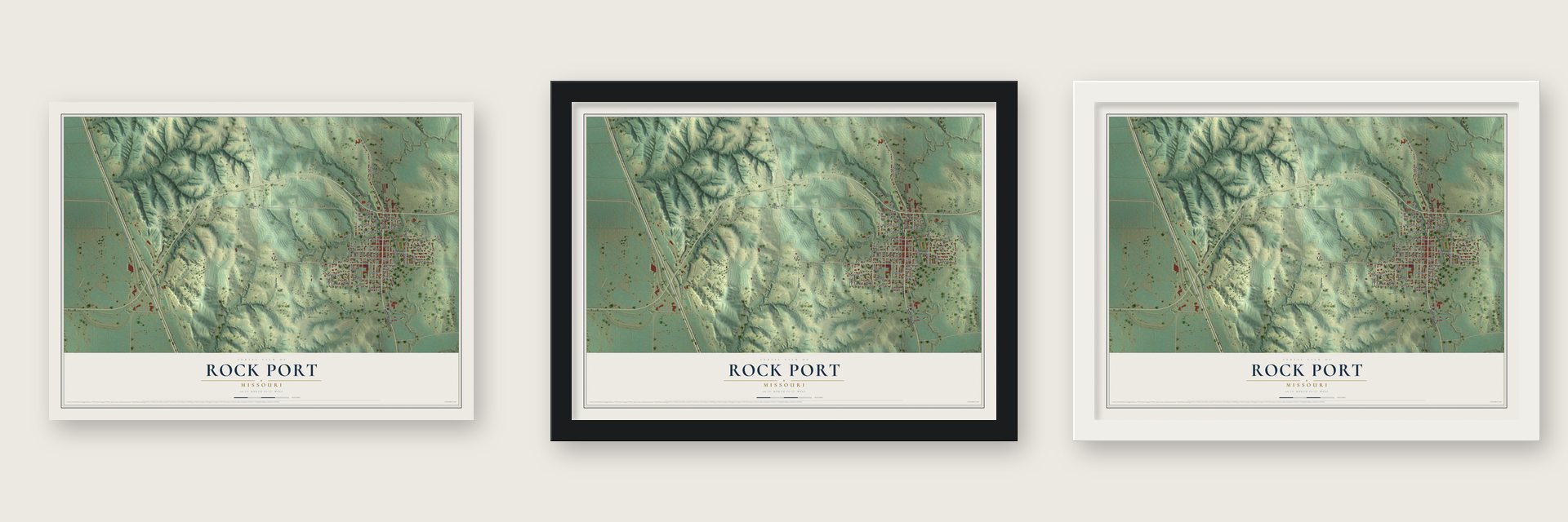 Rock Port, Missouri map unframed, in a black wood frame and in a white wood frame