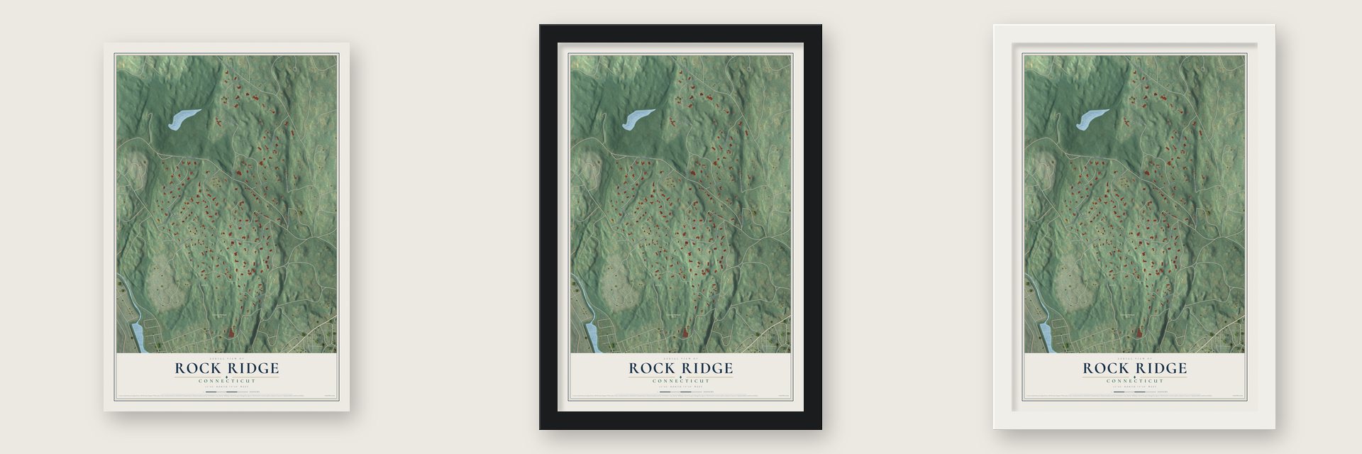 Rock Ridge, Connecticut map unframed, in a black wood frame and in a white wood frame