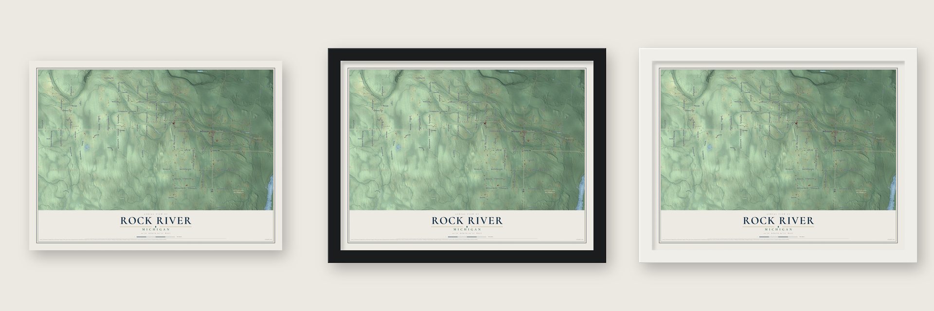Rock River, Michigan map unframed, in a black wood frame and in a white wood frame