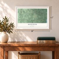 Rock River, Michigan map, 12 x 18 inch print in a white frame in an entryway