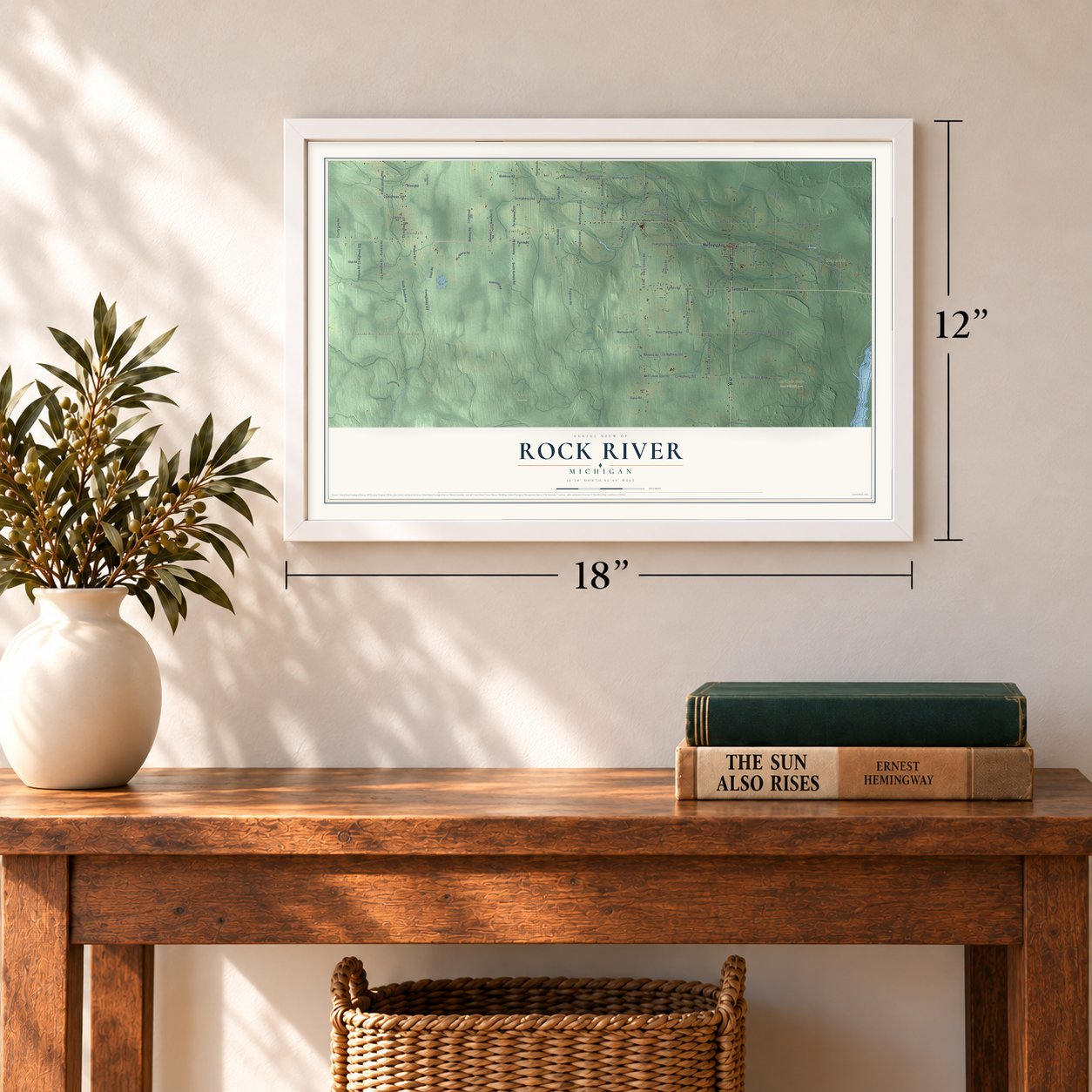 Rock River, Michigan map, 12 x 18 inch print in a white frame in an entryway