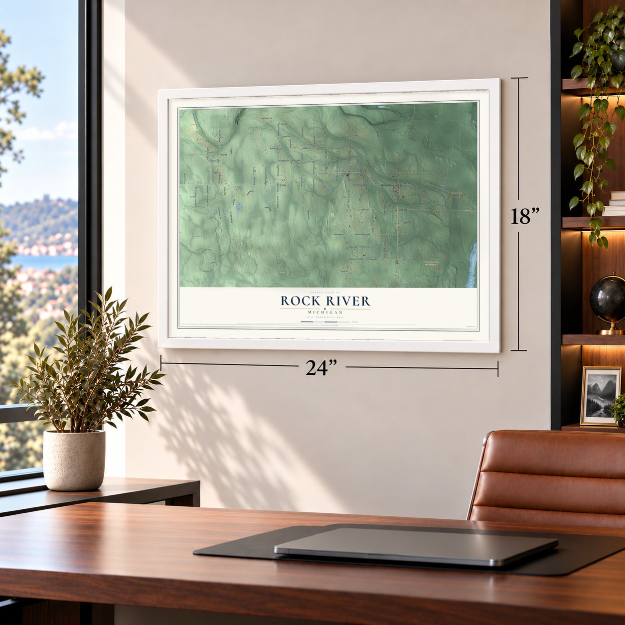 Rock River, Michigan map, 18 x 24 inch print in a white frame in a home office