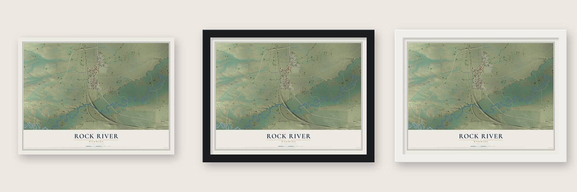 Rock River, Wyoming map unframed, in a black wood frame and in a white wood frame