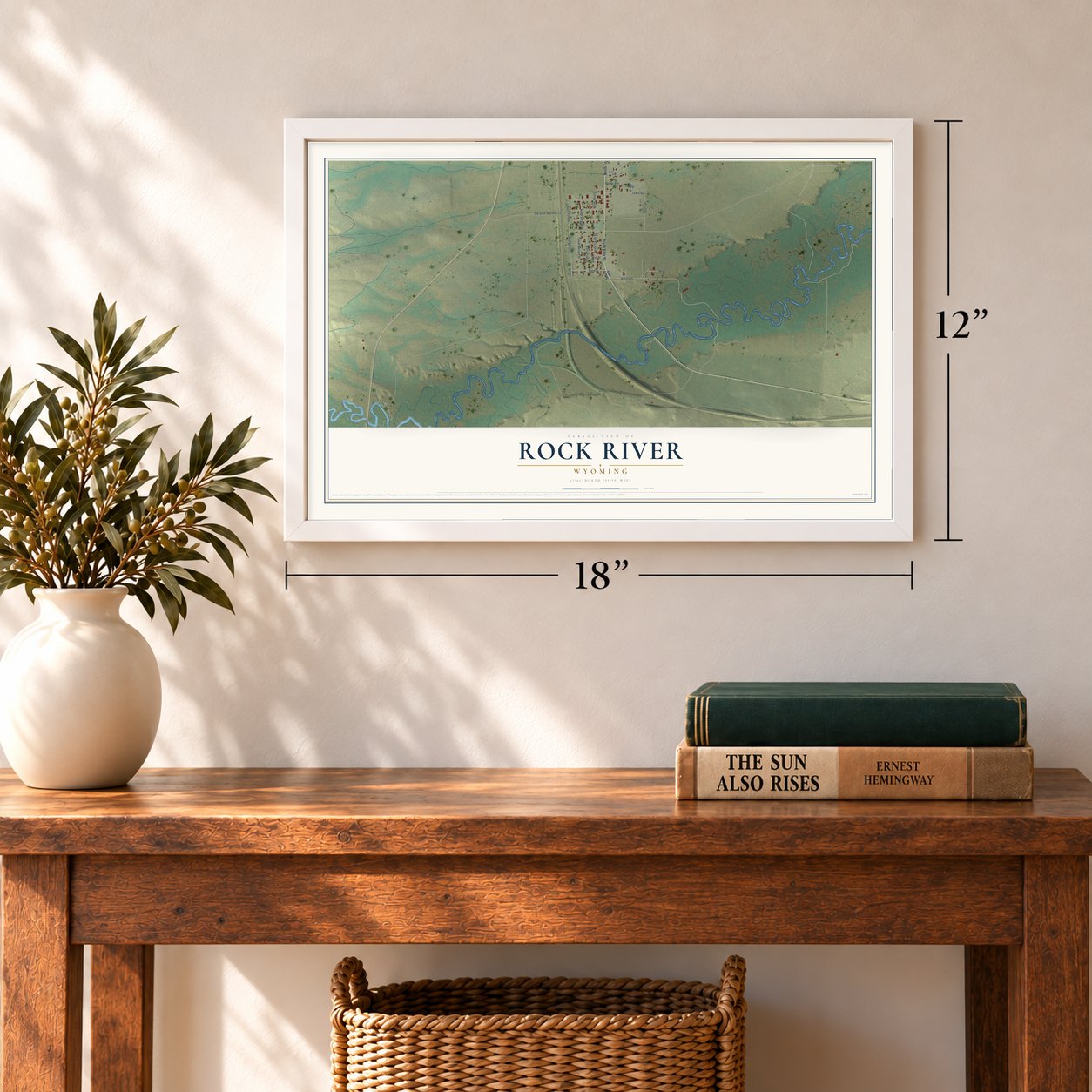 Rock River, Wyoming map, 12 x 18 inch print in a white frame in an entryway