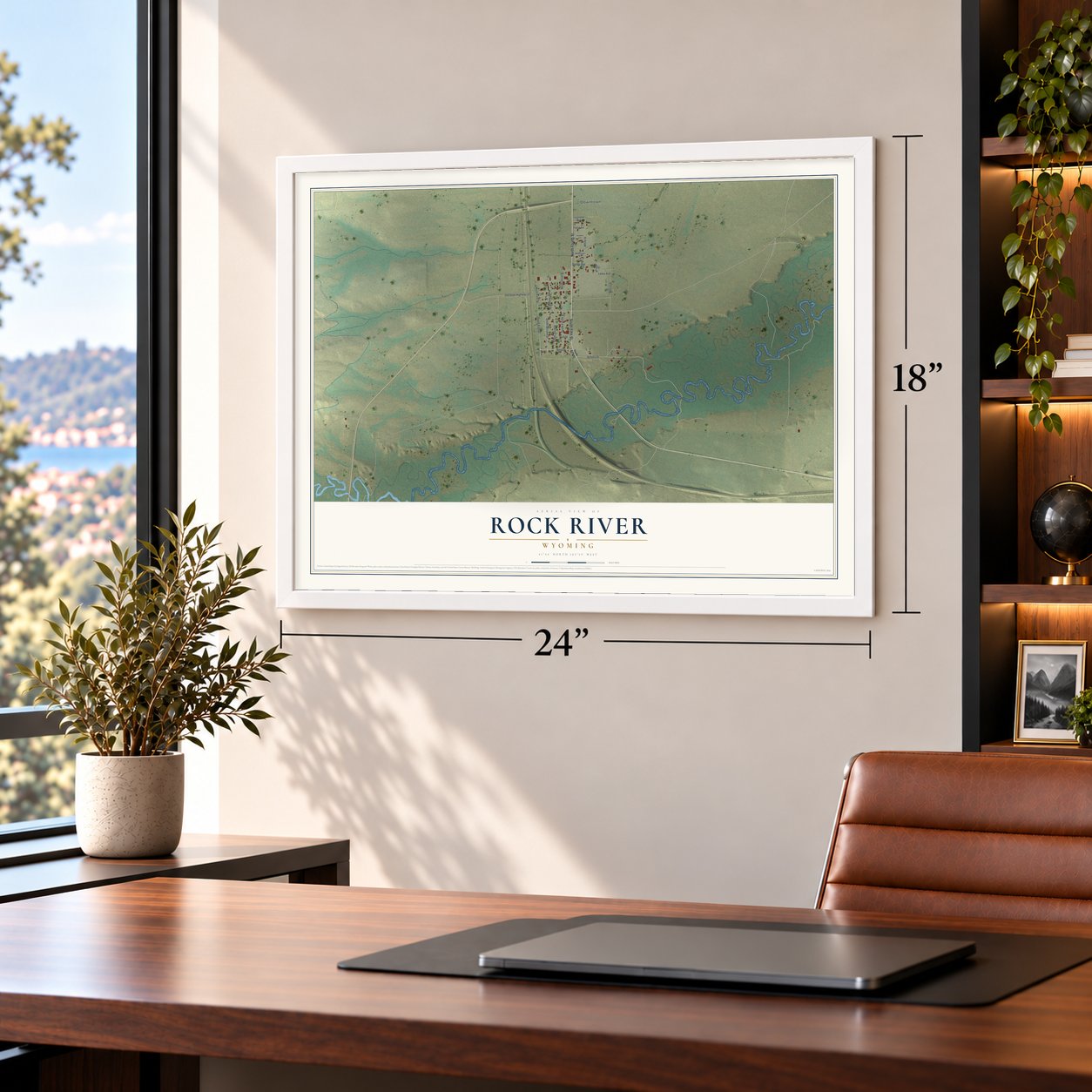 Rock River, Wyoming map, 18 x 24 inch print in a white frame in a home office