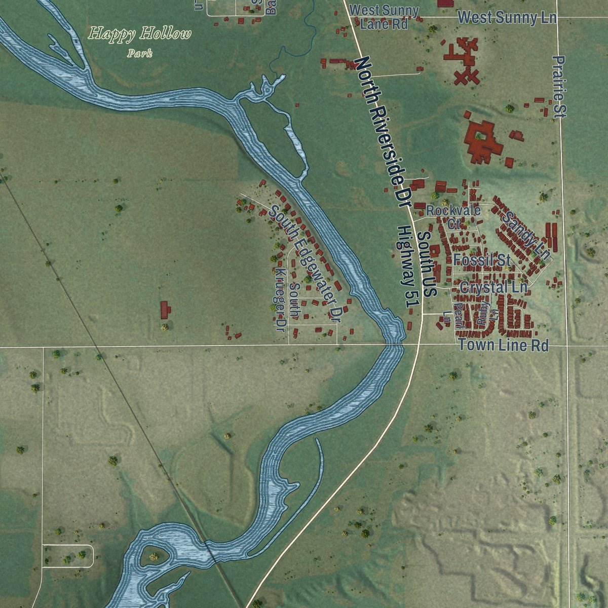 Second close-up of the map of Rock, Rock County, Wisconsin print showing more streets and buildings