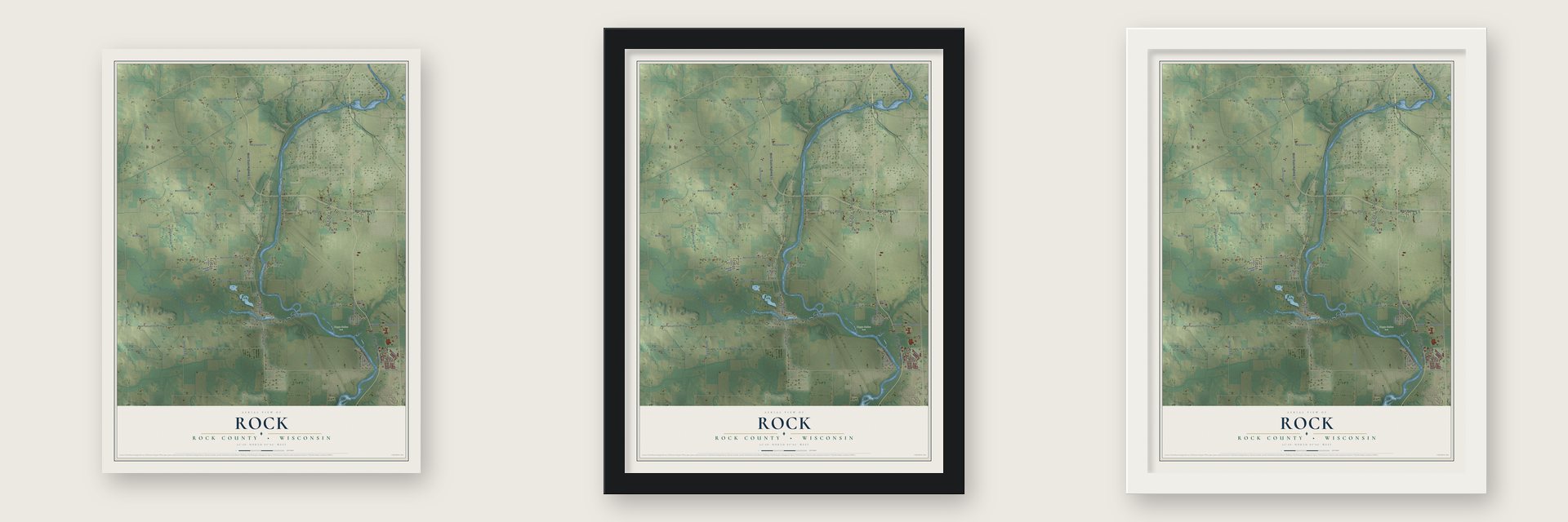 Rock, Rock County, Wisconsin map unframed, in a black wood frame and in a white wood frame