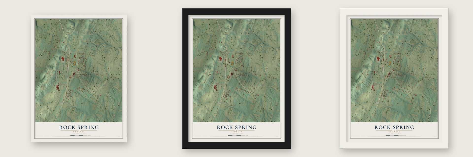 Rock Spring, Georgia map unframed, in a black wood frame and in a white wood frame