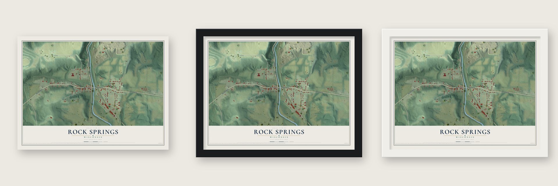 Rock Springs, Wisconsin map unframed, in a black wood frame and in a white wood frame