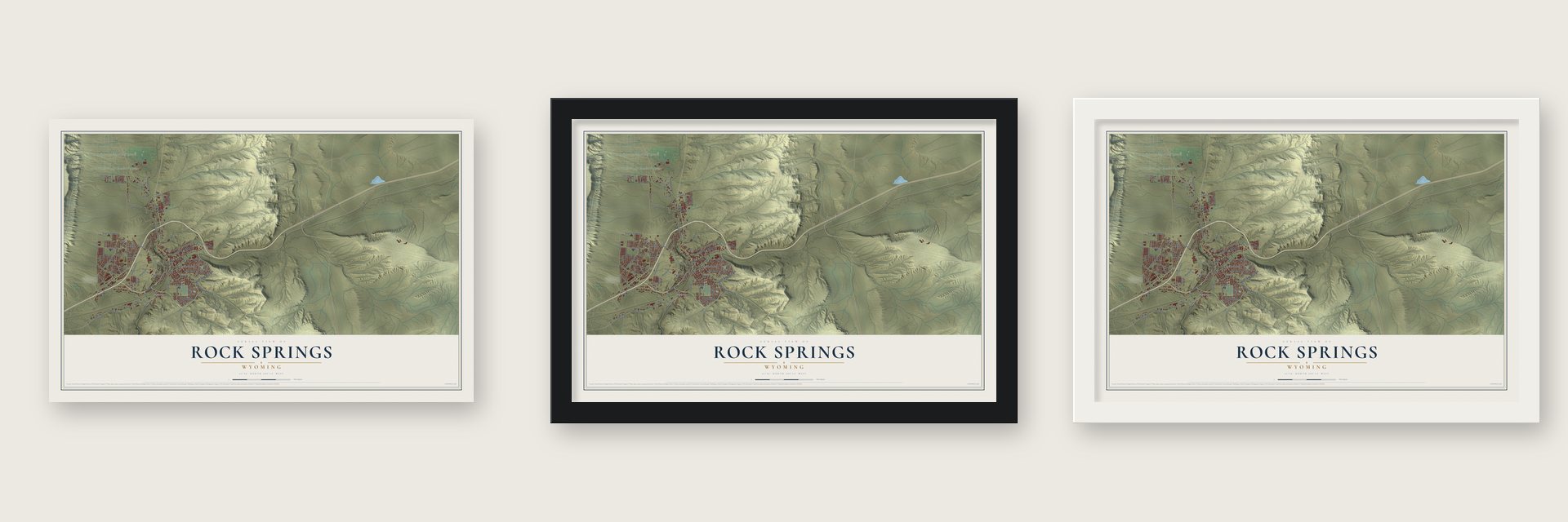 Rock Springs, Wyoming map unframed, in a black wood frame and in a white wood frame
