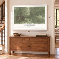 Rock Springs, Wyoming map, 24 x 36 inch print in a white frame above a dresser by a staircase
