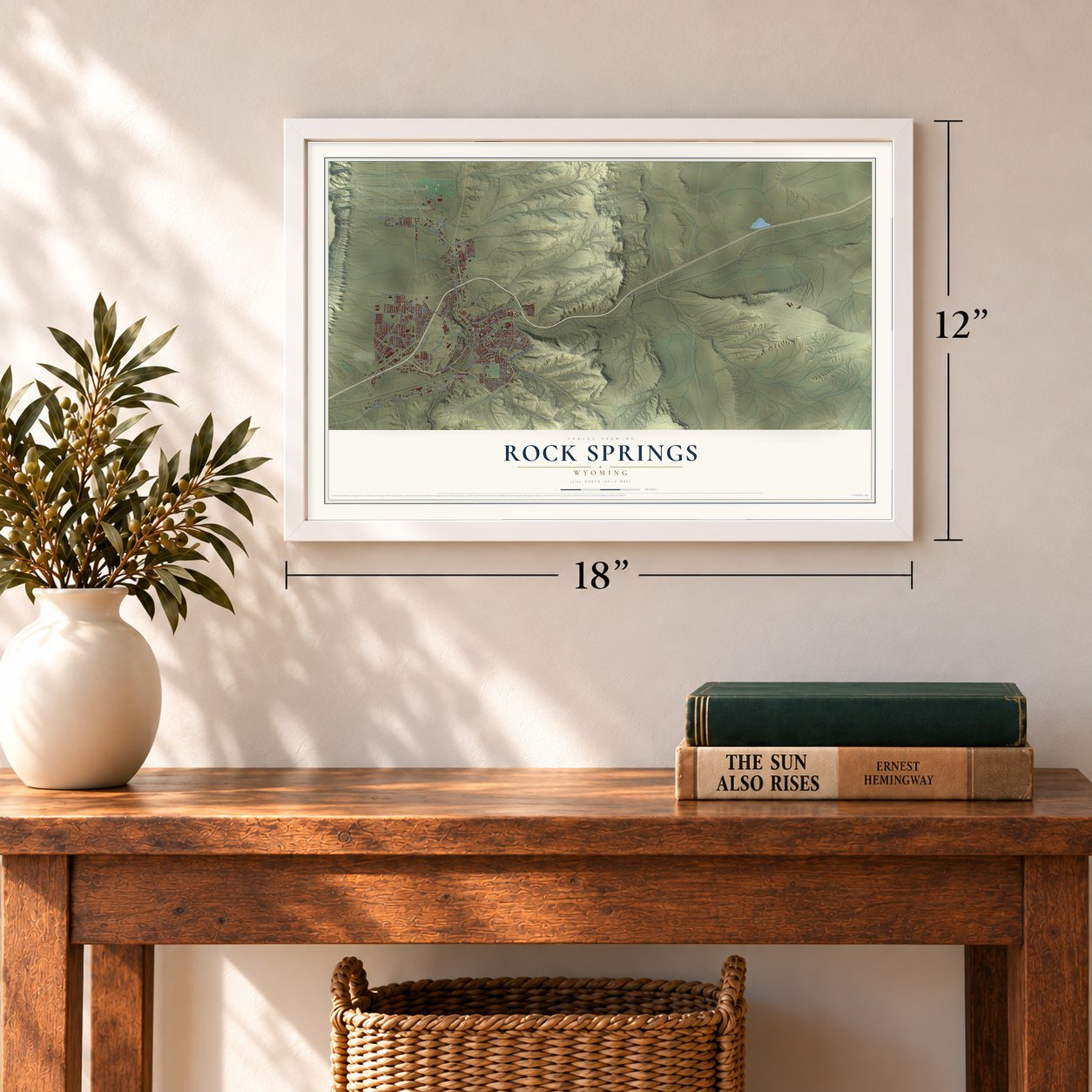 Rock Springs, Wyoming map, 12 x 18 inch print in a white frame in an entryway