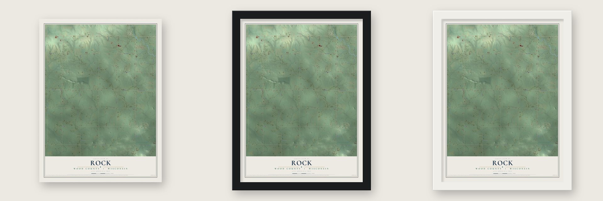 Rock, Wood County, Wisconsin map unframed, in a black wood frame and in a white wood frame