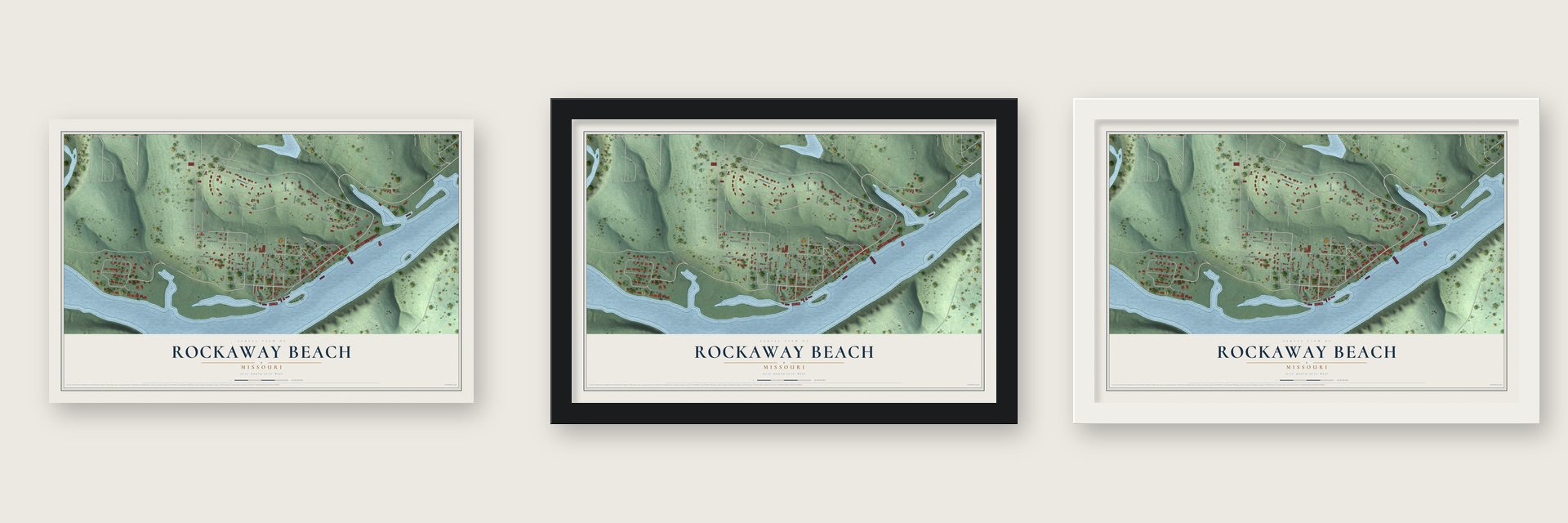 Rockaway Beach, Missouri map unframed, in a black wood frame and in a white wood frame