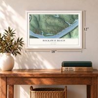 Rockaway Beach, Missouri map, 12 x 18 inch print in a white frame in an entryway